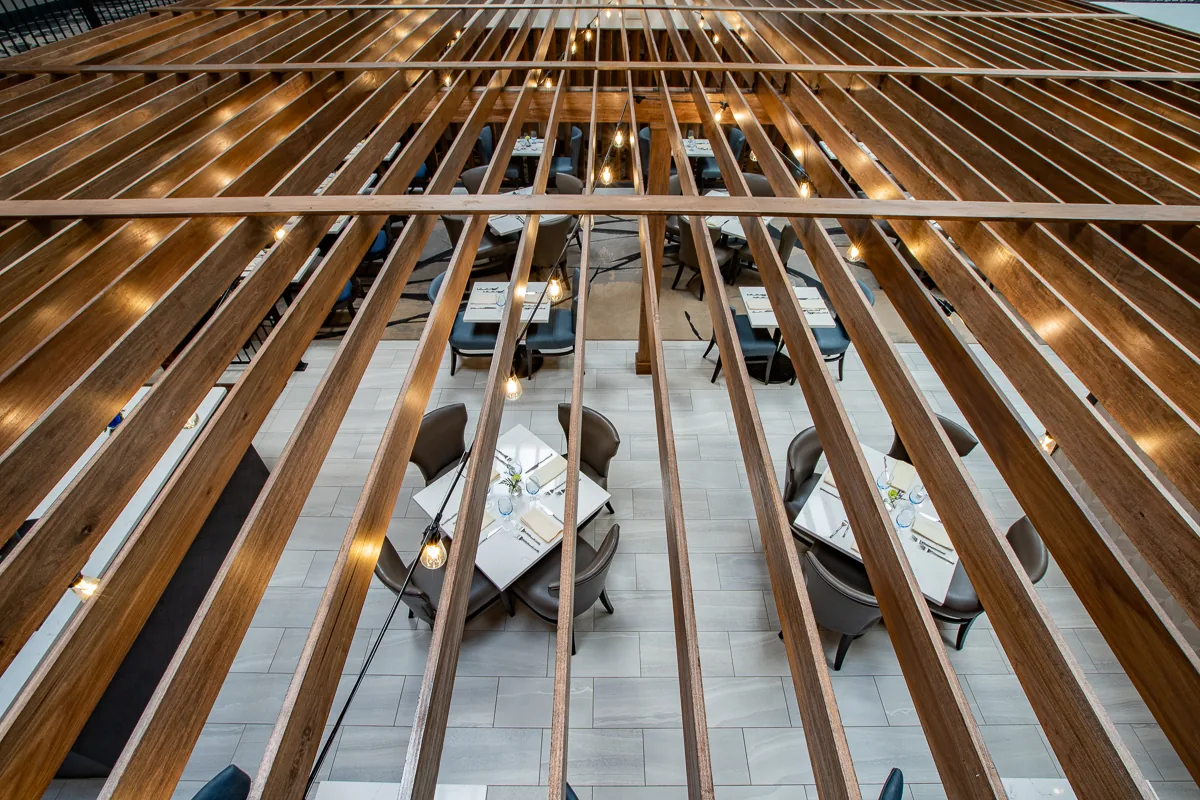 Architectural detail above The Burgundy atrium