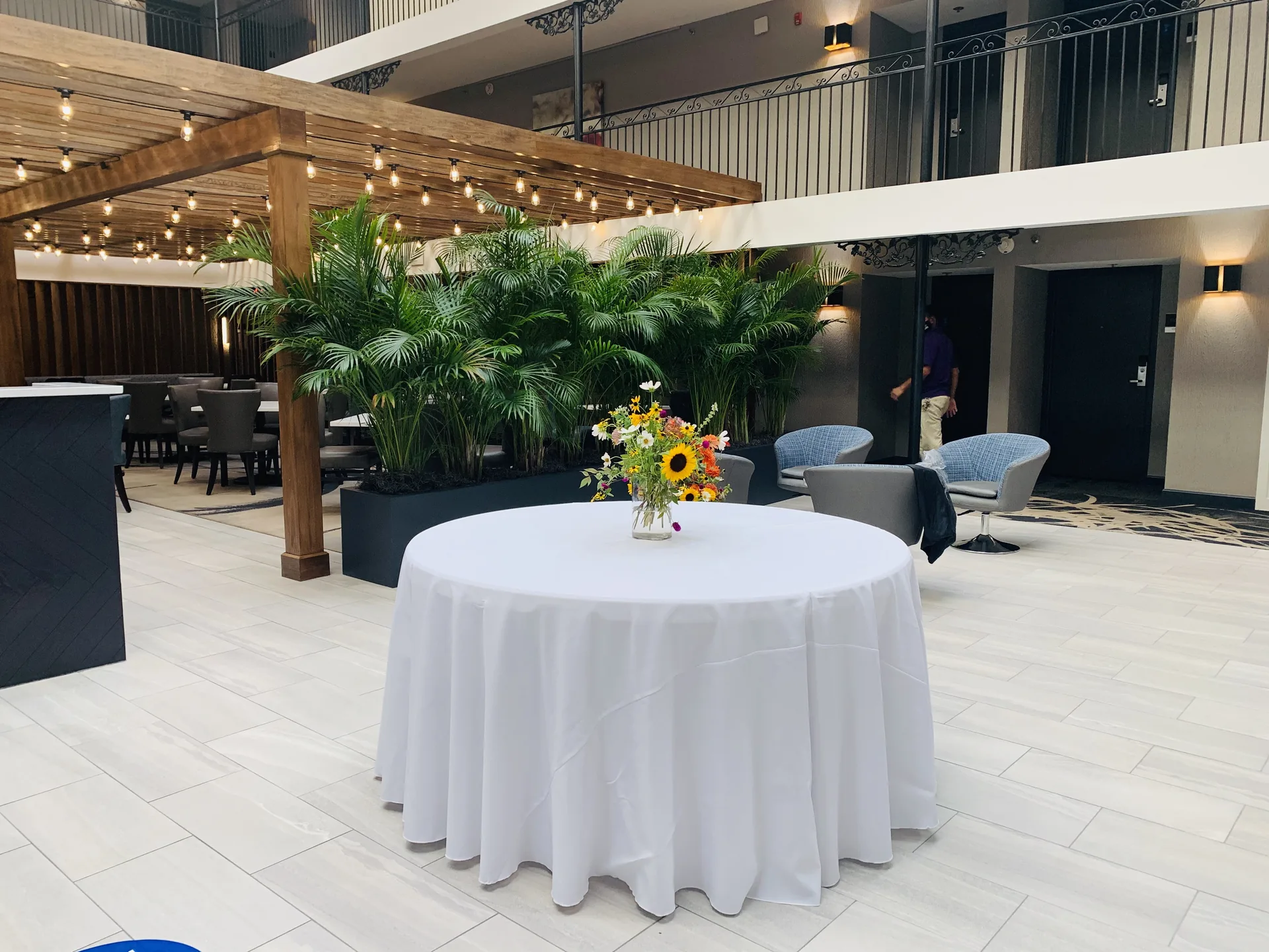 The Burgundy atrium prepared for a private event