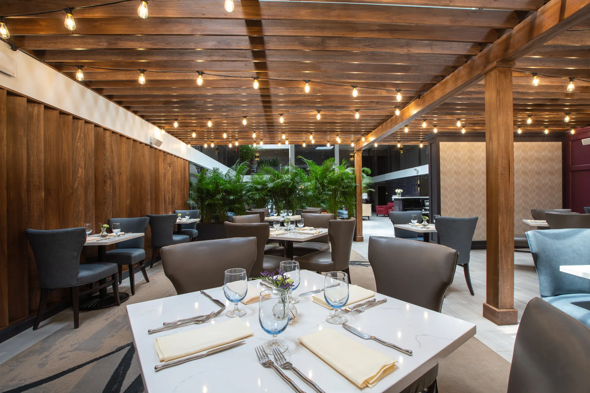 The Burgundy atrium arranged for daytime dining