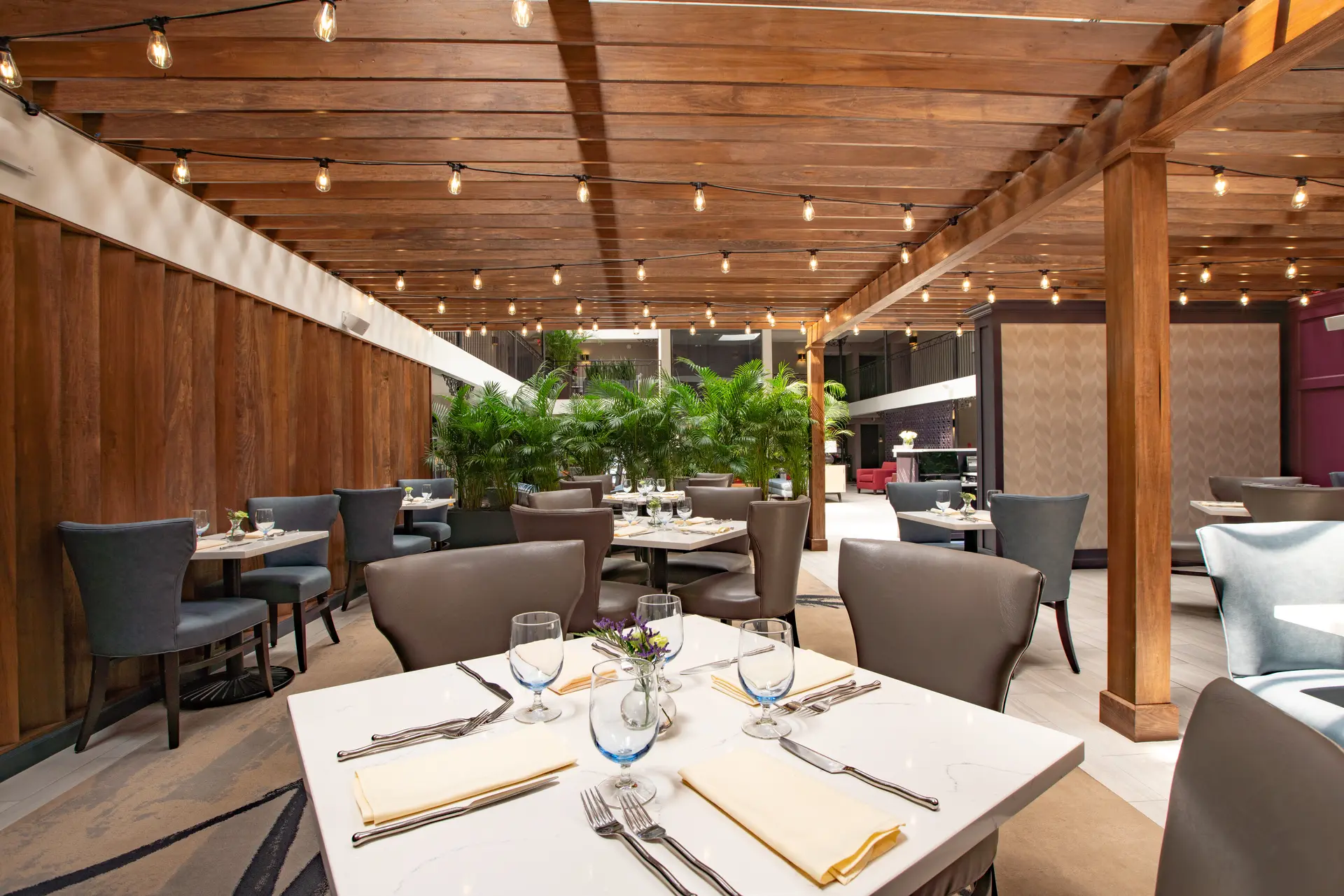 The Burgundy atrium dining area