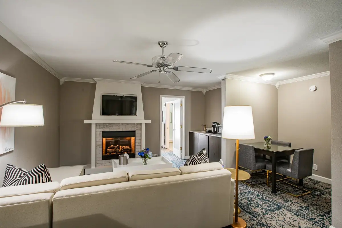 Presidential Suite living room with fireplace