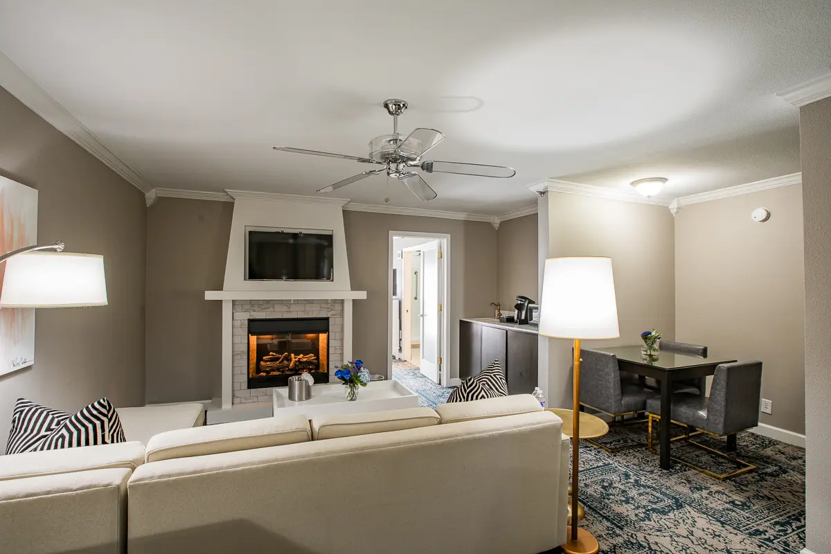 Presidential Suite living room with fireplace at The Burgundy