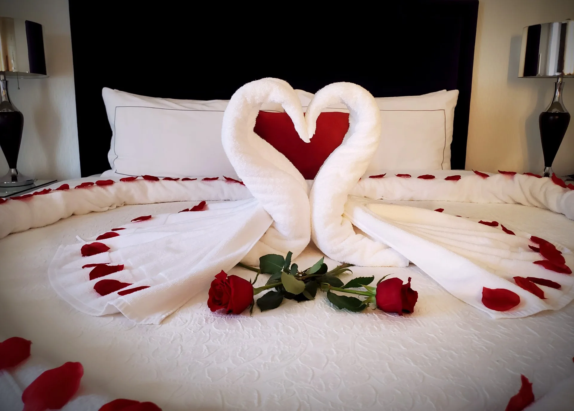 Towel swans and rose petals arranged in a guest room
